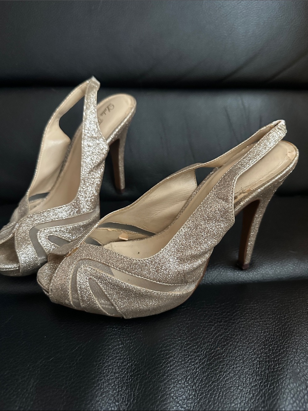 Lulu Townsend Glitter Slingback Peep-Toe Heels in Champagne Gold